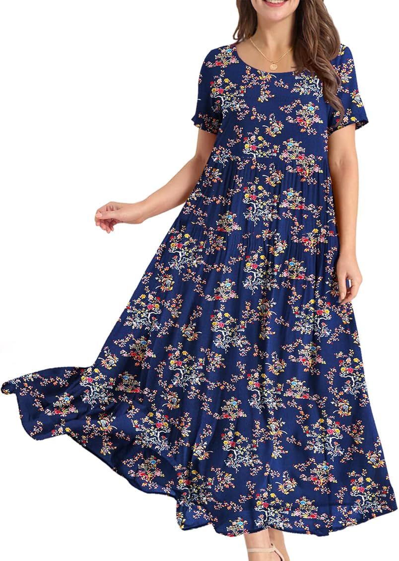 YESNO Women Casual Loose Bohemian Floral Dress with Pockets Short Sleeve Long Maxi Summer Beach Swin | Amazon (US)