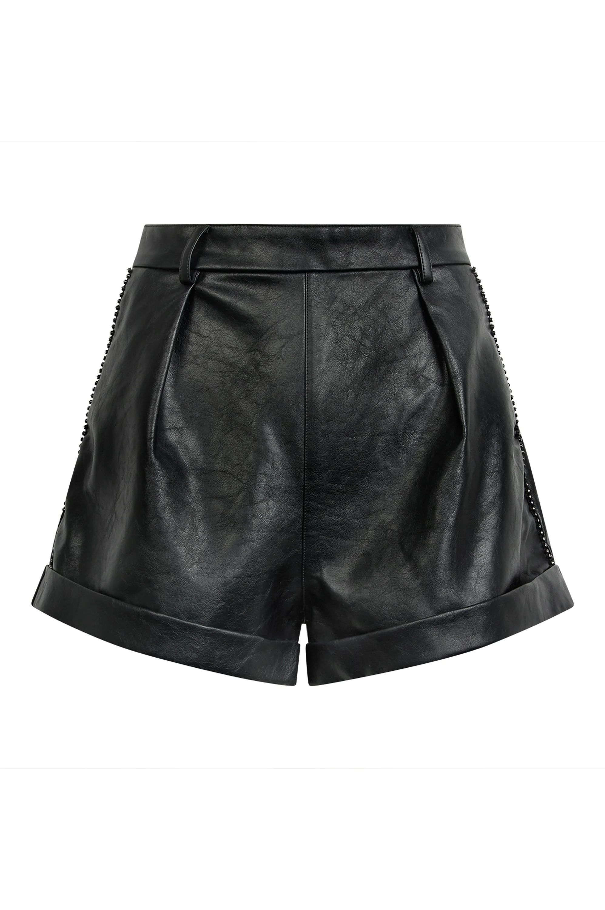 LORENZA Black Diamante PU Leather Shorts | Noughts and Kisses