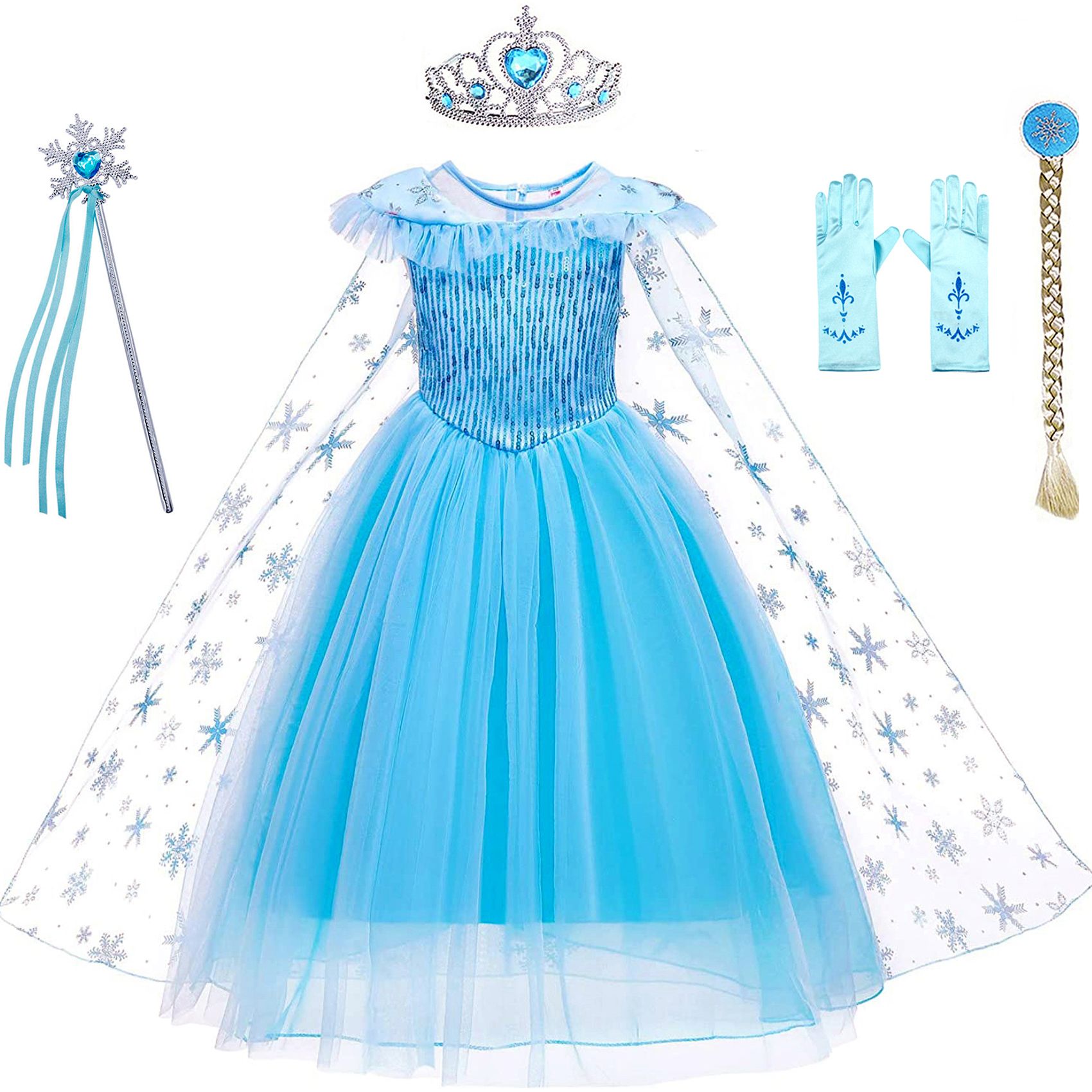 Avady Girls Dress Christmas Princess Costume for Frozen Elsa Blue with Cape Wand Wig Crown Gloves | Walmart (US)