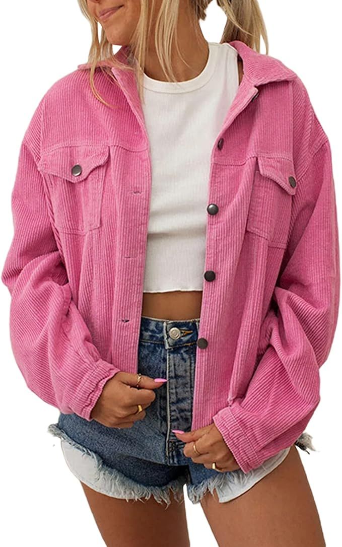 Amazon.com: Franhais Womens Retro Corduroy Shirts Long Sleeve Button Down Shirt Casual Oversized ... | Amazon (US)
