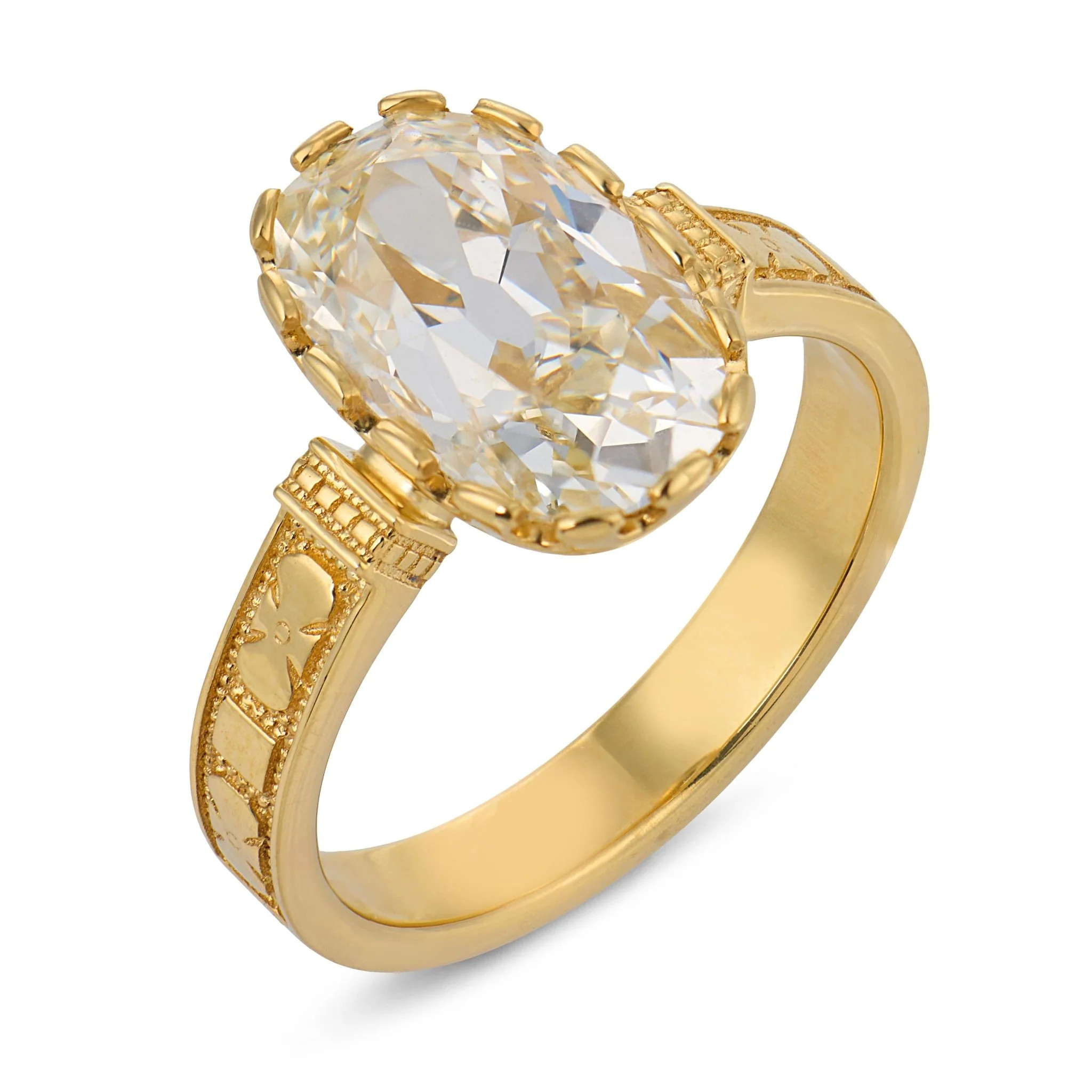 GIA 3.04 carat old mine cut diamond 18k yellow gold engagement ring | Trumpet & Horn