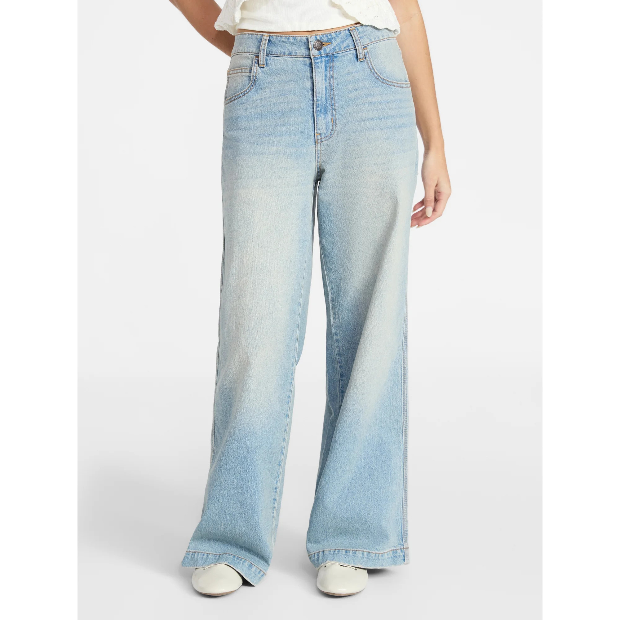 No Boundaries Mid-Rise Baggy Wide Leg Jeans, 31" Inseam, Women's 00-18 | Walmart (US)