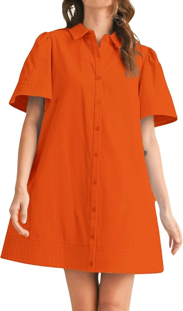 Womens Short Sleeve Button Down Mini Shirt Dress Lapel Collar Short Dresses with Pocket | Amazon (US)