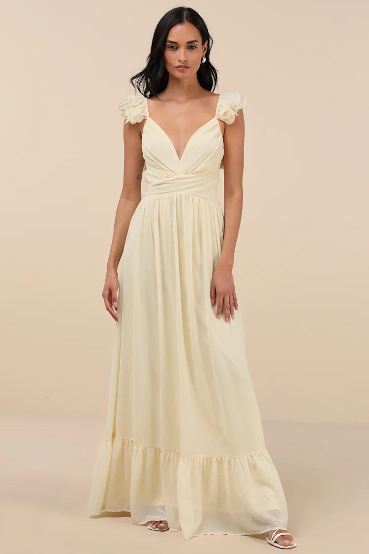 Soiree Celebration Light Yellow Ruffled Lace-Up Maxi Dress | Lulus