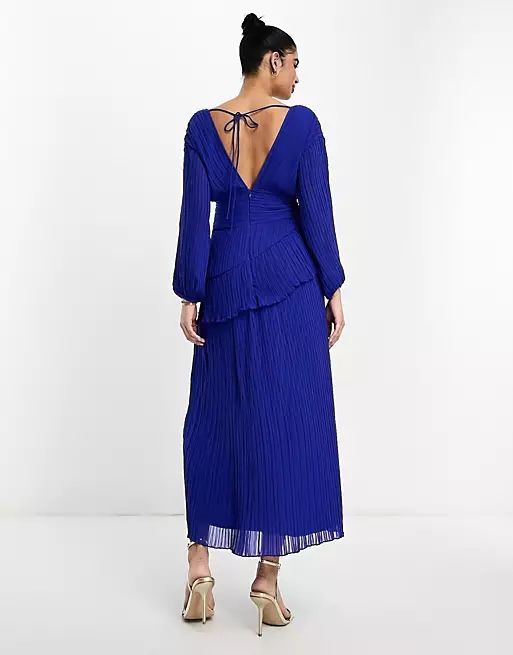 ASOS DESIGN pleated midi dress with a belt in cobalt blue | ASOS (Global)