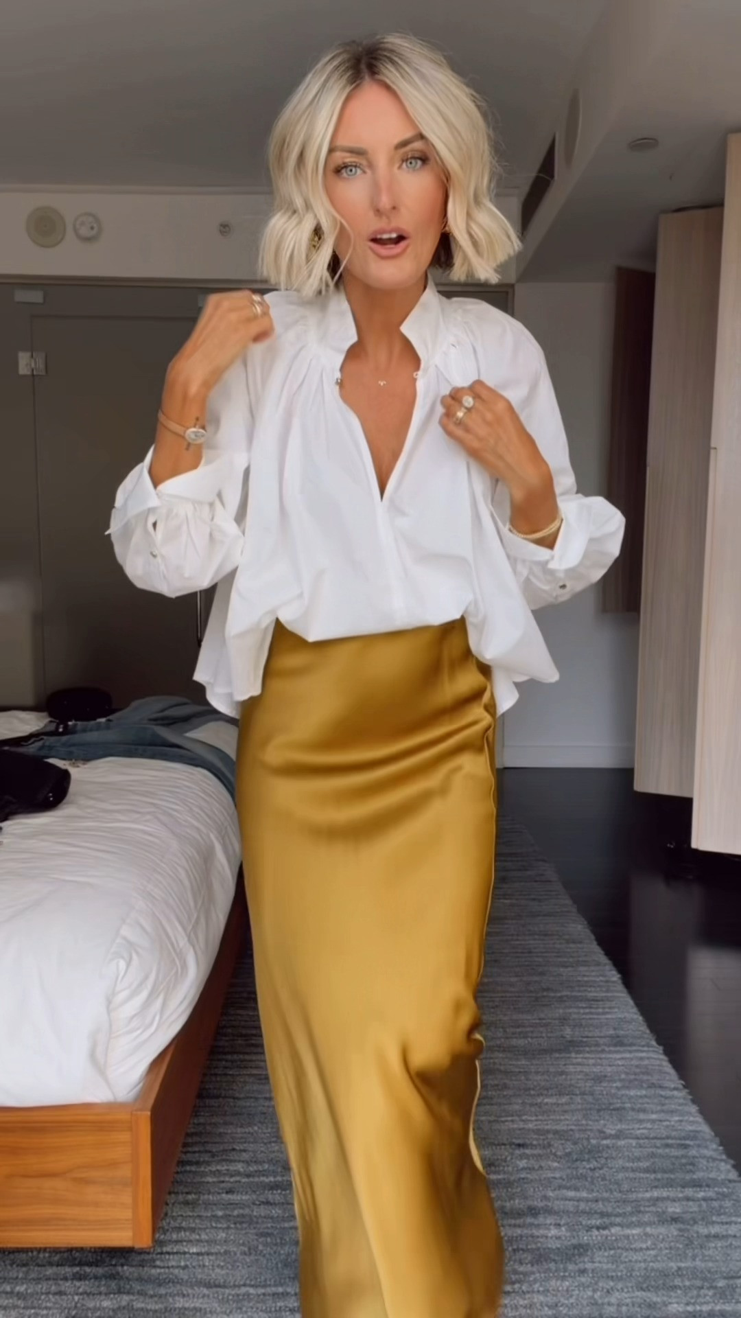 This top and skirt combo is so flattering, and can't believe how great the quality is while being so affordable! Love a pop of animal print for a chic finish! Wearing XS in both

Loverly grey, chartreuse satin skirt, white button down outfit, fall outfit ideas, fashion inspo women, transitional  capsule wardrobe, feminine workwear 

 #LTKSeasonal #LTKWorkwear