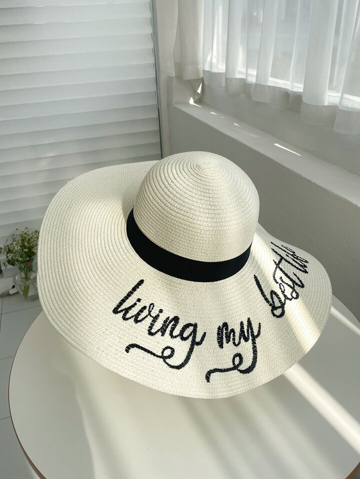 Letter Pattern Wide Brim Straw Hat | SHEIN