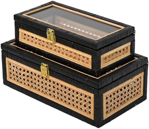 Cane and Rattan Decorative Storage Boxes with Lids - Elegant Set of 2, Stacking Boxes with Glass ... | Amazon (US)