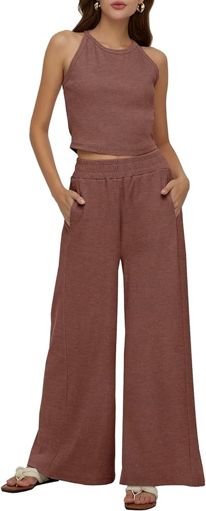 DEEP SELF Women's Summer 2 Piece Outfits Sleeveless Ribbed Knit Crop Tank Tops Matching Wide Leg ... | Amazon (US)