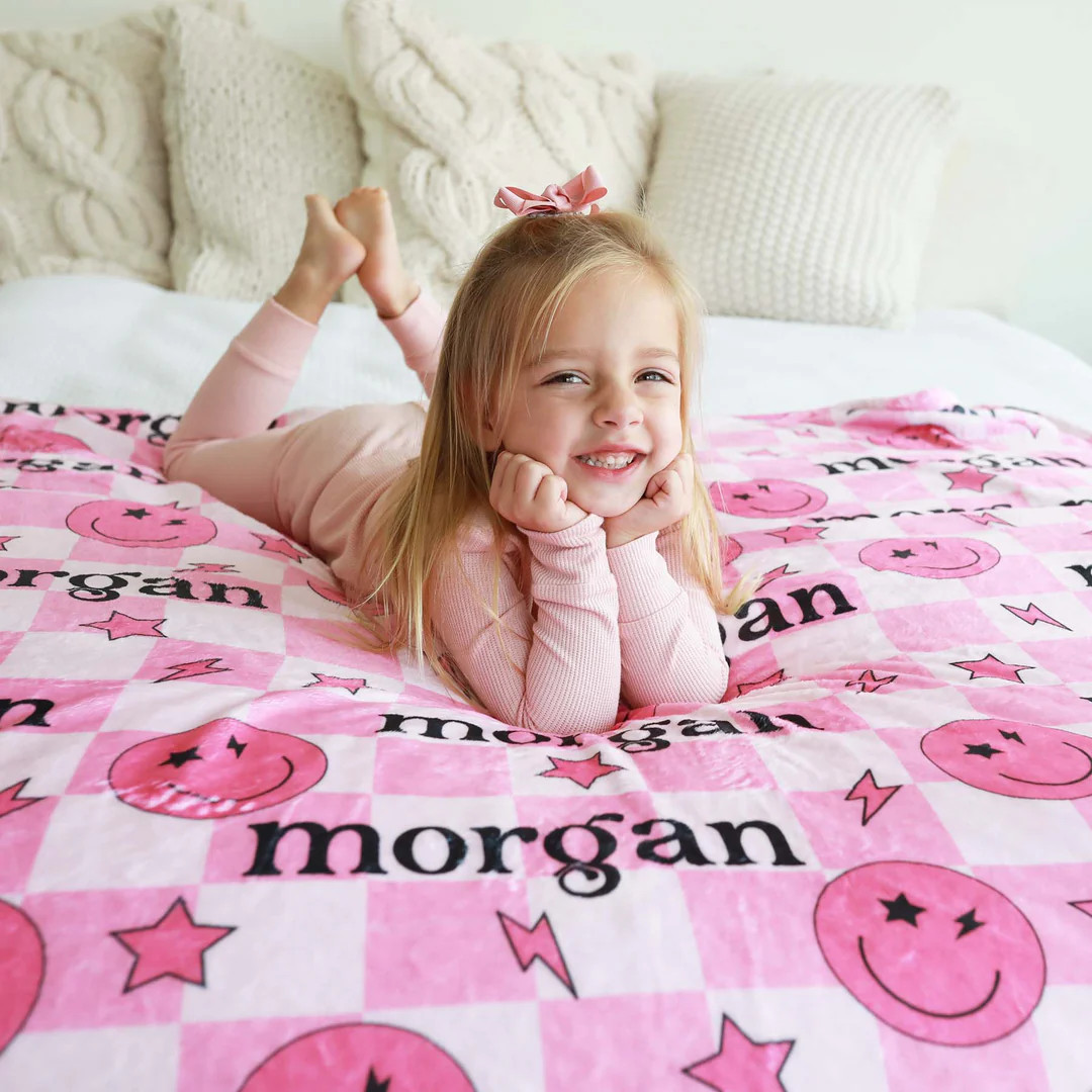 Smiley Face Check Personalized Kids Blanket | Pink | Caden Lane