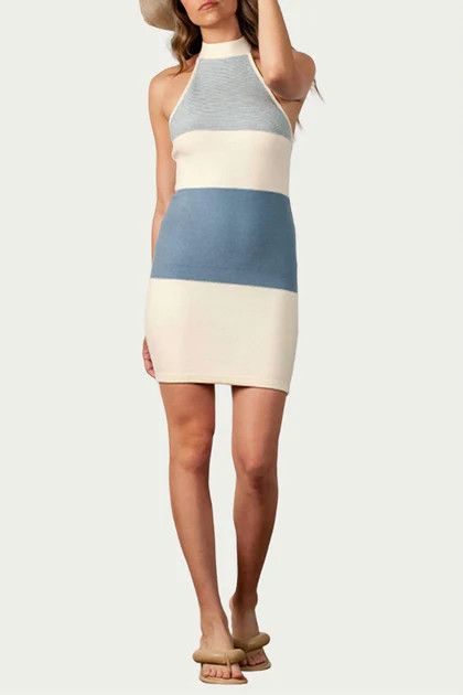 Candytuft Knitted Halterneck Mini Dress in Ivory/Blue | Shop Premium Outlets