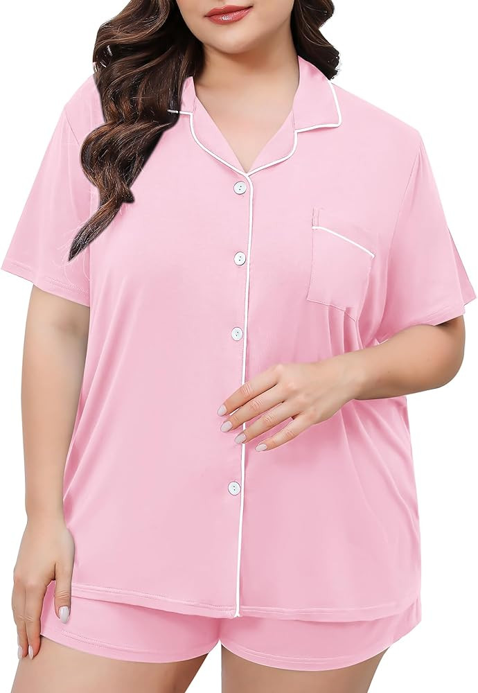 SWOMOG Women's Plus Size Pajamas Set Button Down Tops Short Sleeve Sleepwear Soft Pajama Shorts 2... | Amazon (US)