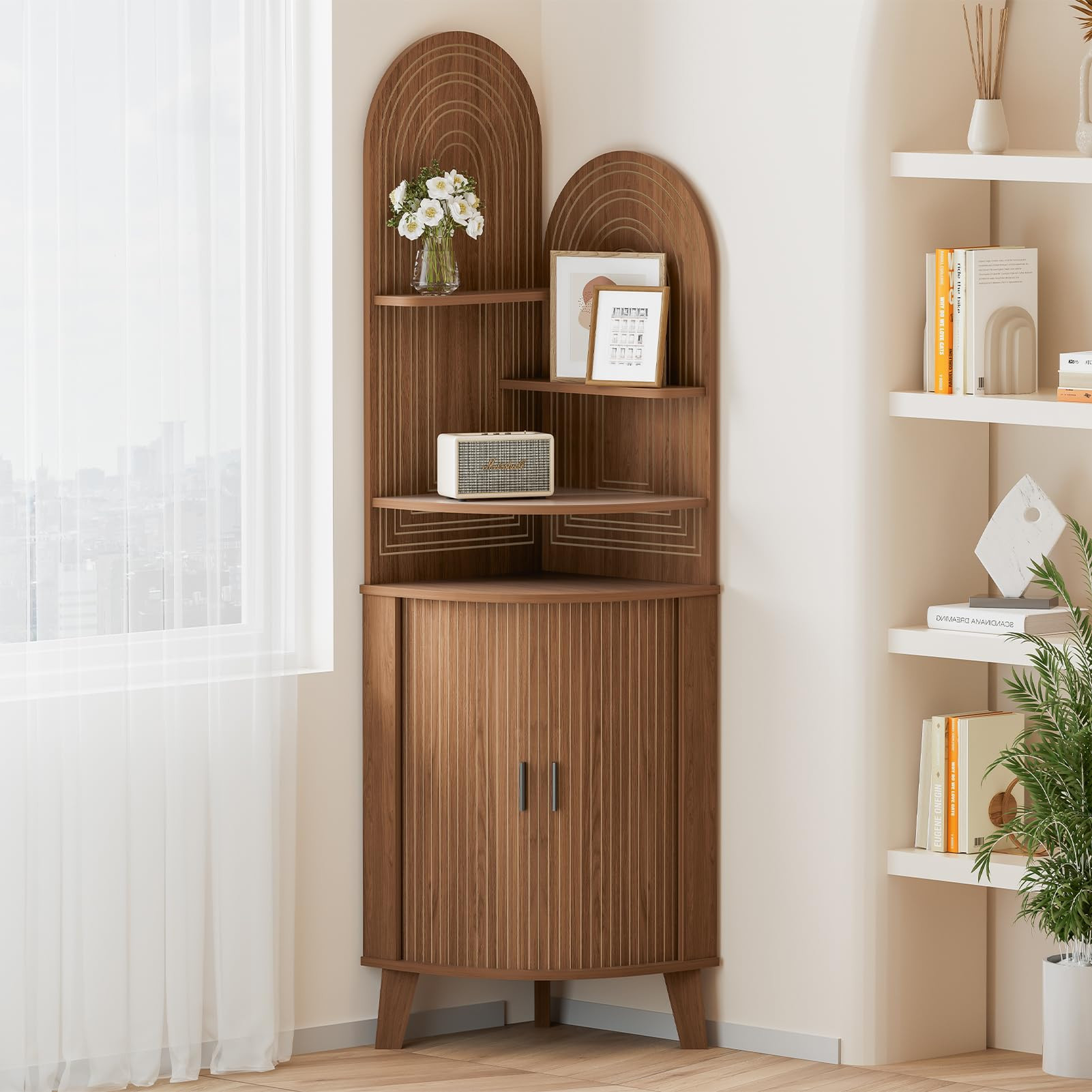 Small Corner Cabinet with Sliding Door and Storage, Tall Corner Bathroom Cabinet for Kitchen, Liv... | Amazon (US)