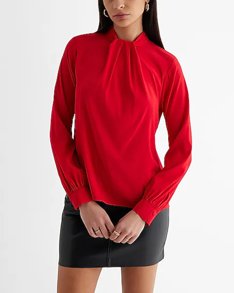 Satin Twist Mock Neck Long Sleeve Top | Express