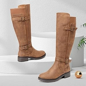 ALLOT Women's Knee High Boots Stretchy Fashion Riding Boot Flat Low Heel Buckle Strap Winter Moto... | Amazon (US)