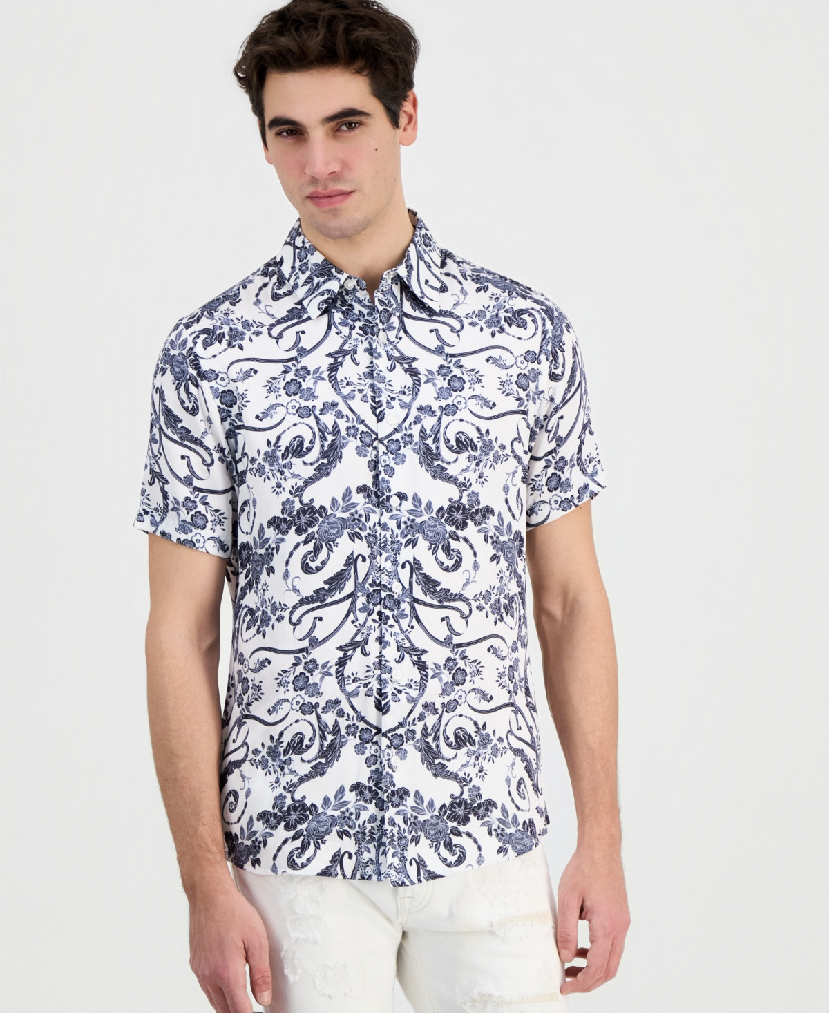 Guess Men's Wayco Decorative Floral Short-Sleeve Shirt - DECORATIVE FLORAL PRINT SMART BLUE | Macy's