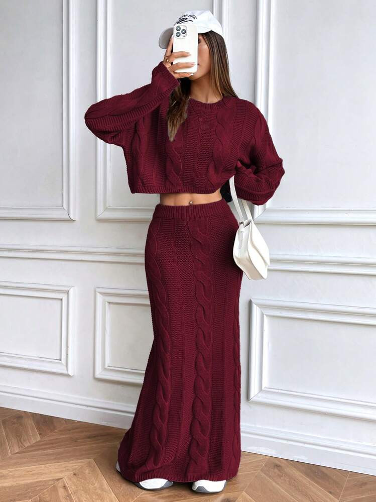 Chiquease Chunky Cable Knit Crew Neck Oversized Short Sweater + Maxi A-Line Skirt Set Fall Winter... | SHEIN