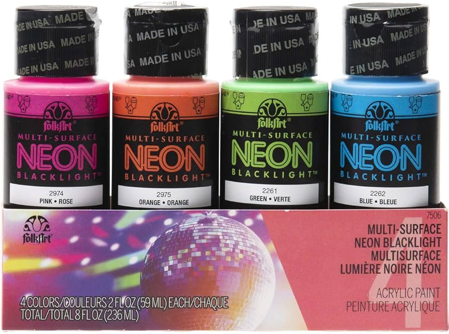 FolkArt 4 Bottle Multi-Surface Acrylic Paint Set, 2oz, Neon Blacklight Colors | Amazon (US)