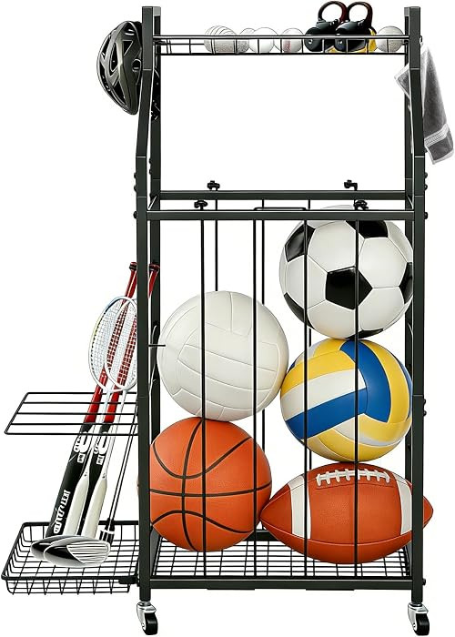hanmir Ball Storage Rack for Garage, Rolling Sports Ball Organizer with Wheels, Baskets and Hooks... | Amazon (US)