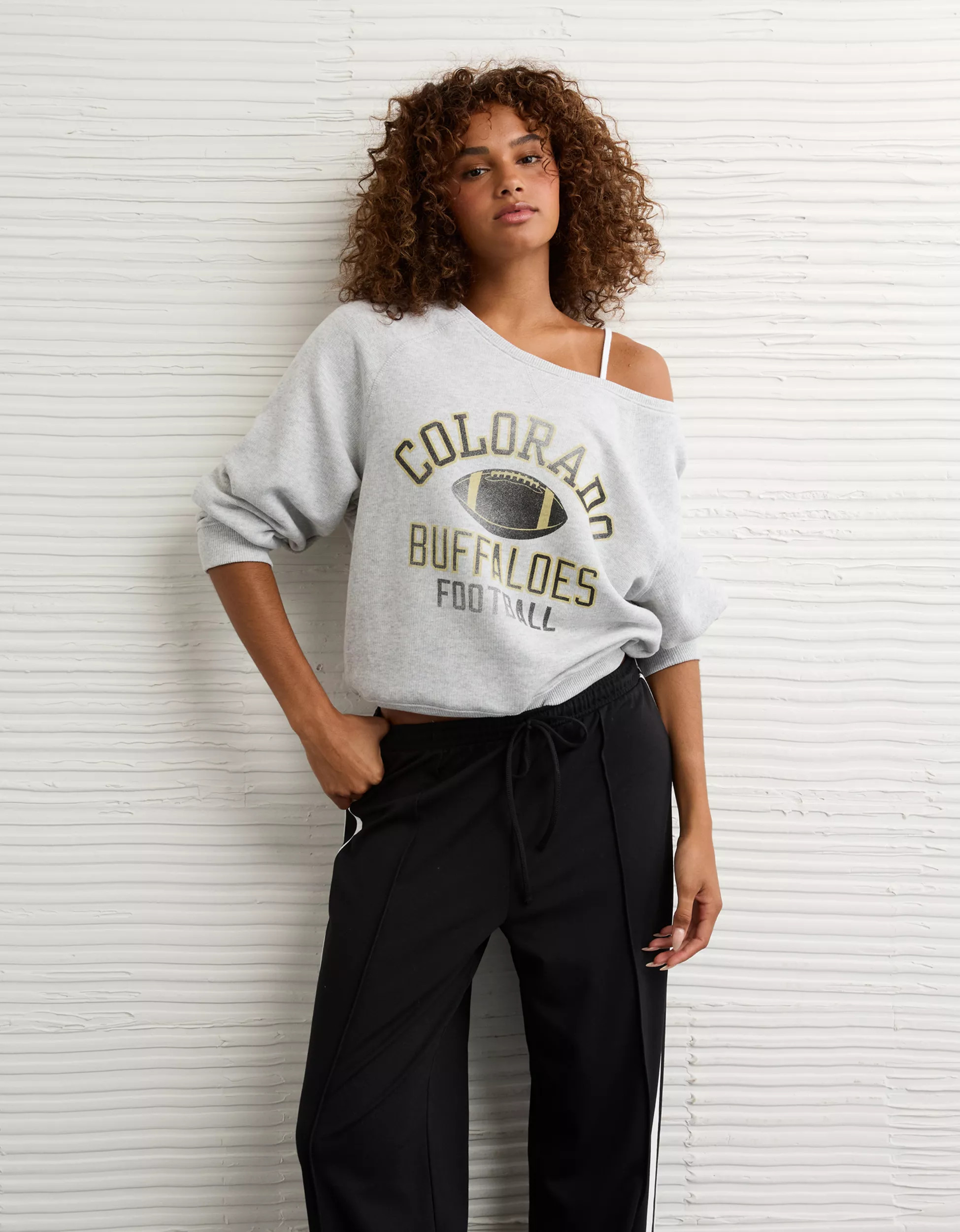 AE Colorado Buffaloes Graphic Off The Shoulder Sweatshirt | American Eagle Outfitters (US & CA)