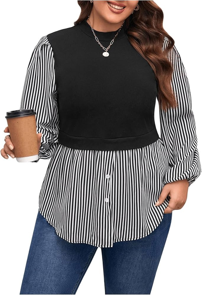 Floerns Women's Plus Size 2 in 1 Stripe Patched Button Down Lantern Sleeve Blouse Top | Amazon (US)