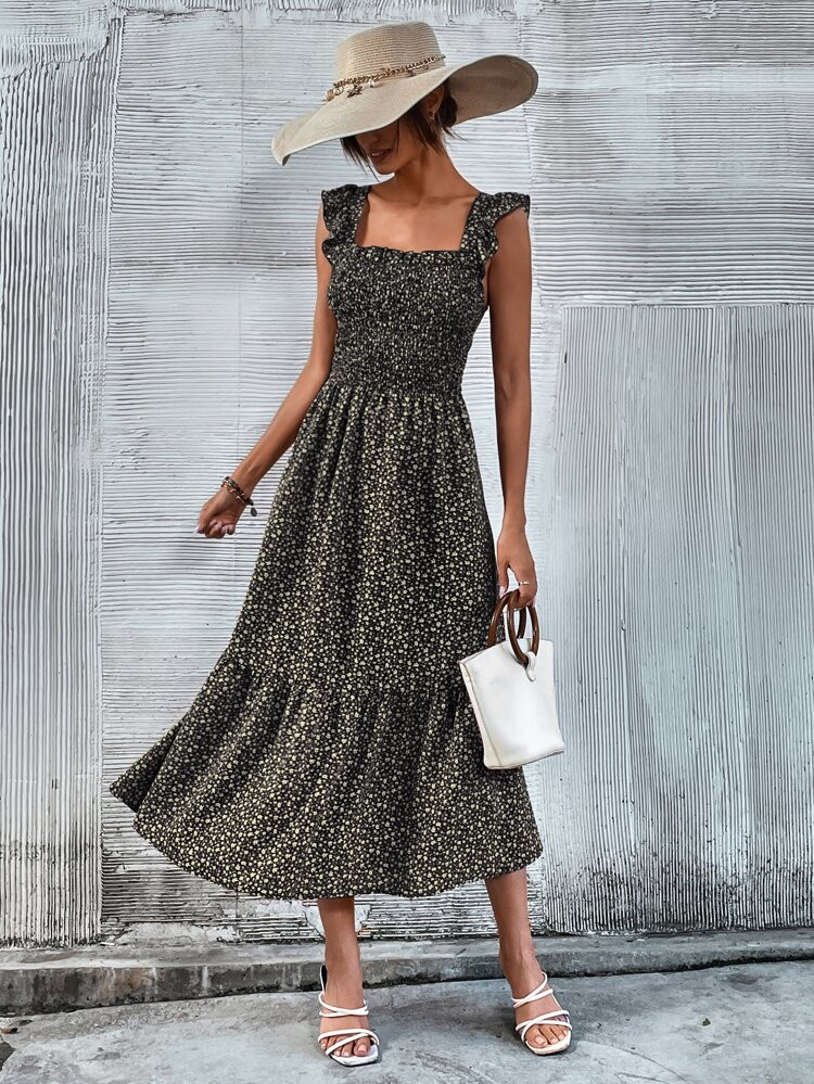 Ditsy Floral Ruffle Trim Flounce Hem Dress | SHEIN