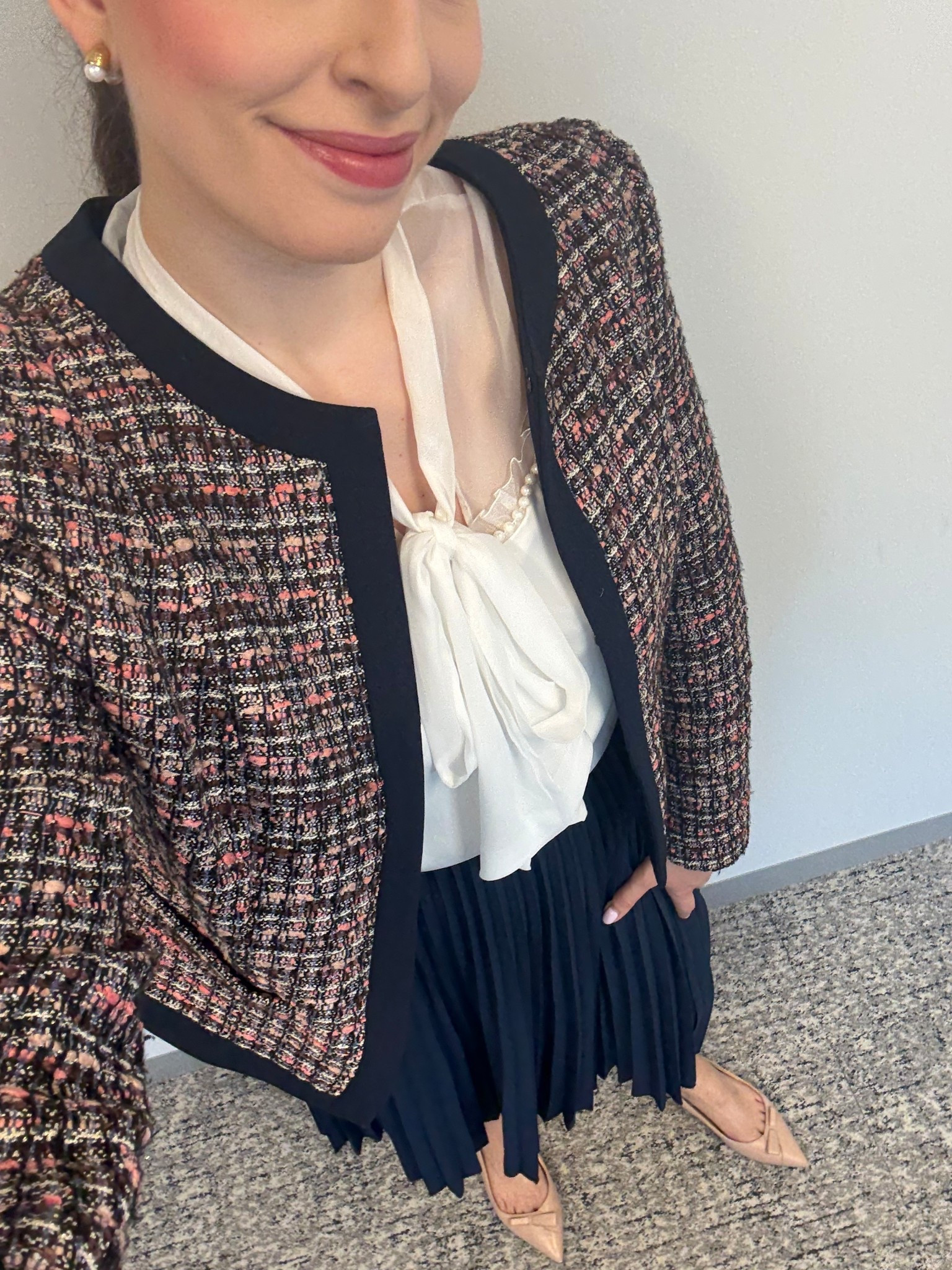 Office style, office outfit, business casual, workwear, spring workwear, spring office outfit, spring work clothes, spring work outfit, pleated skirt, tweed blazer, lawyer, attorney, corporate style, nude flats, nude slingbacks 

#LTKTall #LTKSeasonal #LTKWorkwear