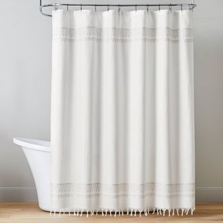 Embroidered Border Stripe Woven Shower Curtain Taupe - Hearth & Hand™ with Magnolia | Target