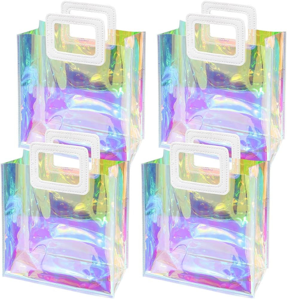 4 Pcs Small Gift Bags Holographic Iridescent Clear Reusable Gift Tote Bag PVC Wrap Bag for Bridal... | Amazon (US)