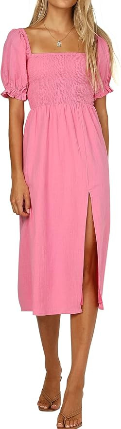 R.Vivimos Summer Dress for Women Cotton Plaid Puff Sleeves Casual Off-Shoulder Boho Side Slit Mid... | Amazon (US)