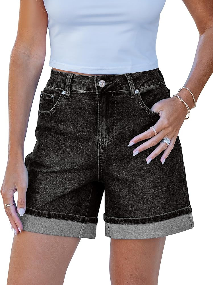 luvamia Jean Shorts for Women Trendy High Waisted Mid Thigh Fold Hem Cutoff Casual Summer Stretch... | Amazon (US)