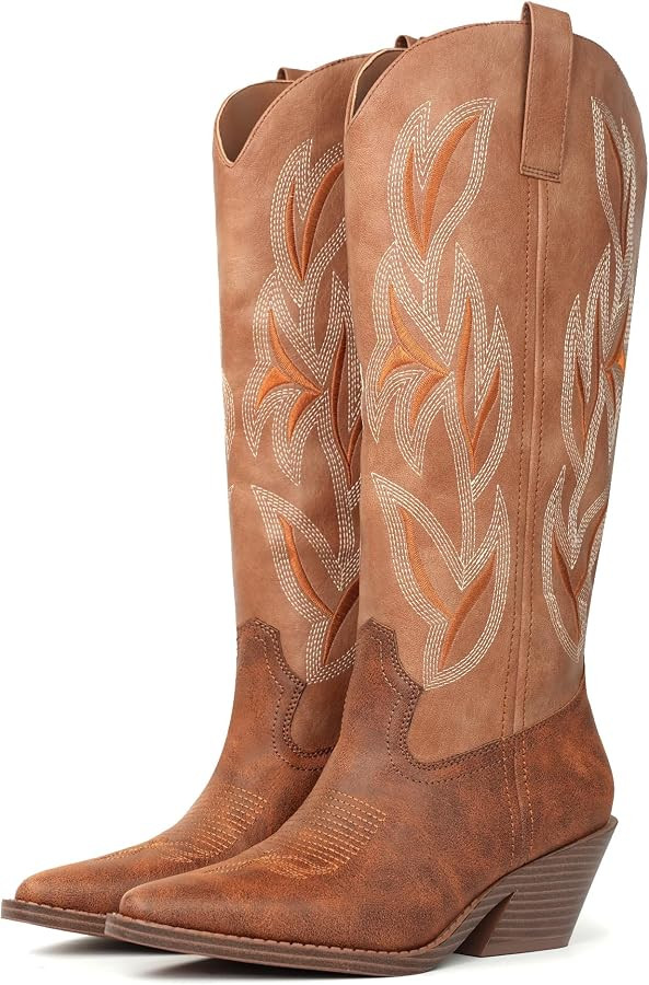 Hawkwell Cowgirl Boots Women Knee High Boots Snip Toe and Block Heel Cowboy Faux Leather Western ... | Amazon (US)