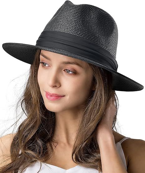 Womens Mens Wide Brim Straw Panama Hat Fedora Summer Beach Sun Hat UPF Straw Hat for Women | Amazon (US)