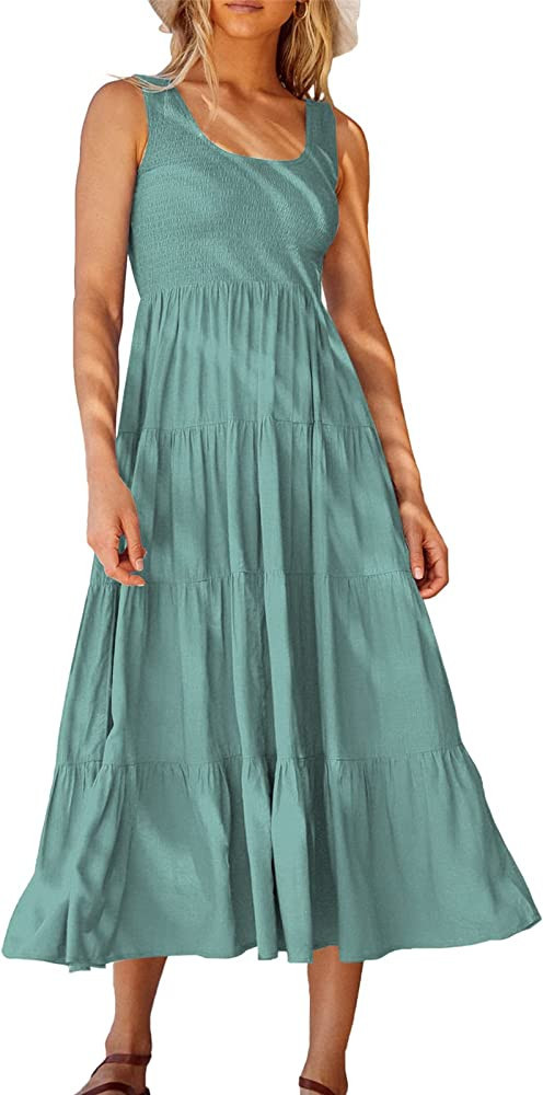 ANRABESS Women's Summer Sleeveless Smocked Sundress Boho Ruffle Tiered Swing A Line Beach Midi Dr... | Amazon (US)