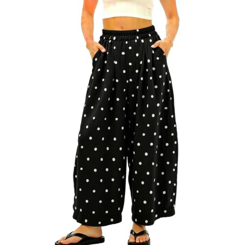 Tearsand Womens Cotton Linen Polka Dot Pants Casual Wide Leg Barrel Pants High Waist Elastic Summer Palazzo Trousers(Black,S) | Amazon (US)