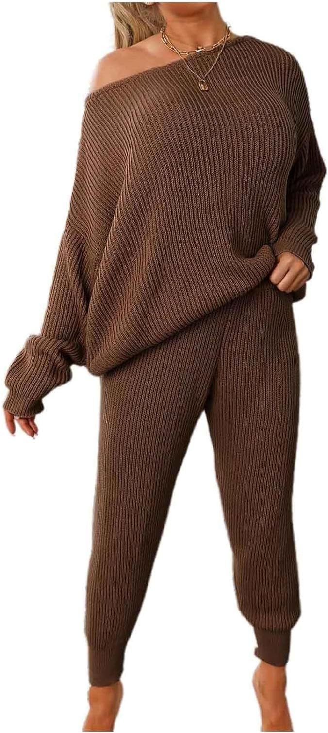 Women's Solid Drop Shoulder Sweater & Drawstring Pants Two Piece Set, Sleeve Sweater and Knit Pan... | Amazon (US)
