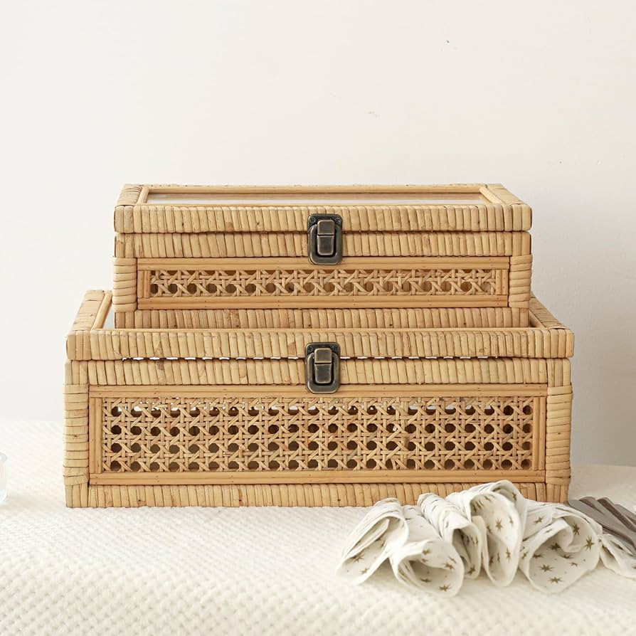 Rattan and Cane Stacking Boxes with Glass Top Lid - Set of 2 for Boho, and Rustic Farmhouse Decor | Amazon (US)