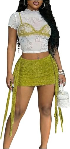 Verdusa Women's 2 Piece Going Out Outfits Paisley Crop Tops with Fuzzy Mini Skirt Y2K Rave Clubwe... | Amazon (US)