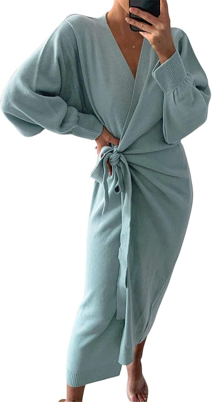 Amazon.com: EXLURA Womens Knit Sweater Dresses Casual Solid Long Sleeve Wrap Maxi Dress with Belt... | Amazon (US)