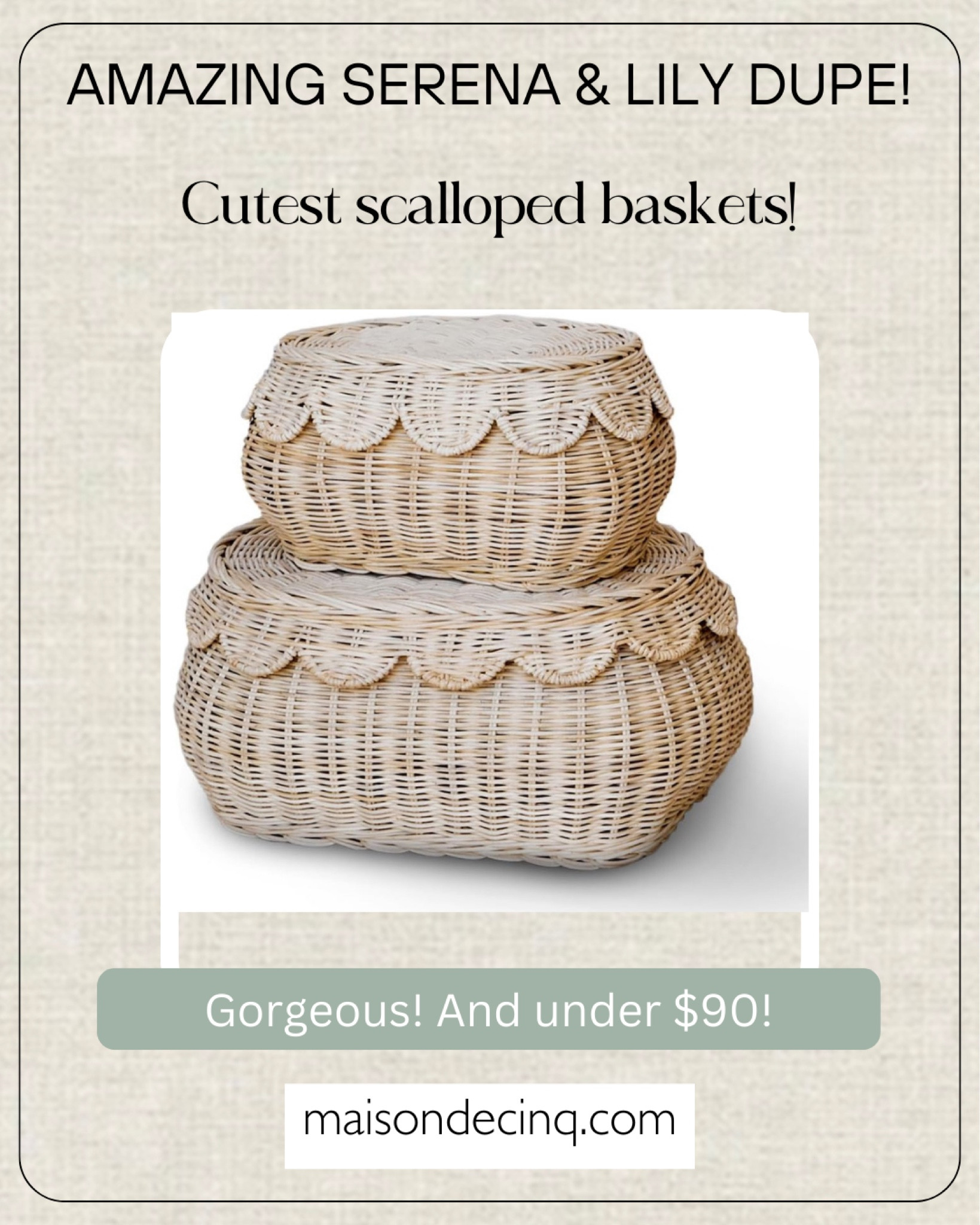 Cutest set of two baskets that look like Serena & Lily for a fraction of the price!

Home decor, storage, scalloped baskets, kids room 

#LTKFindsUnder100 #LTKHome #LTKBaby