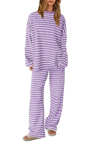 SENSERISE Womens Striped Lounge Set 2 Piece Outfits Striped Long Sleeve Shirt Wide Leg Pants Pajamas Set Travel Outfit(Light Purple,M) | Amazon (US)