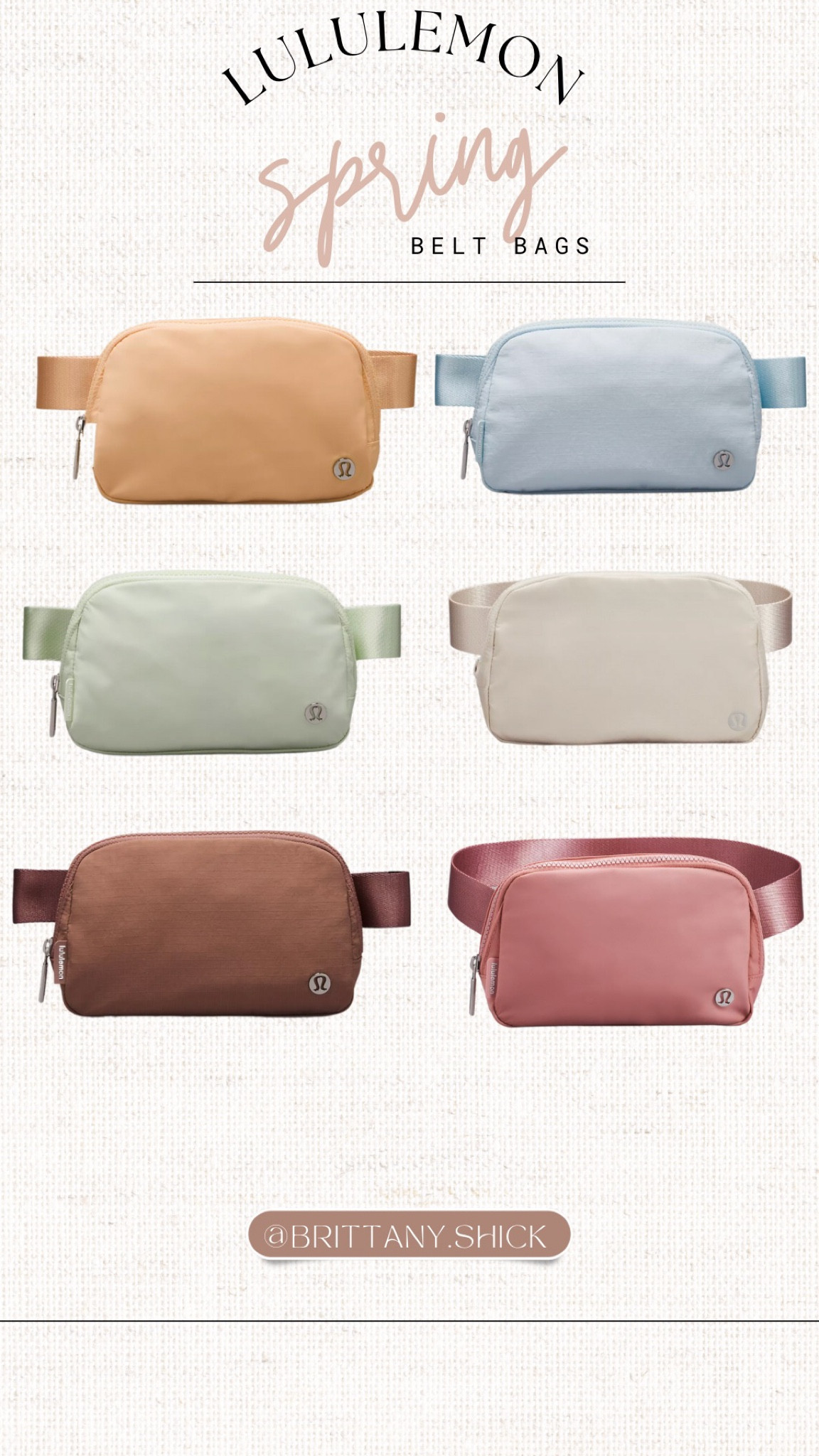 Lululemon Belt Bag
Spring Colors
Orange
Blue
Rose
Sage
Mint
Green
Beige
Rust
Brown

#LTKunder50 #LTKtravel #LTKitbag