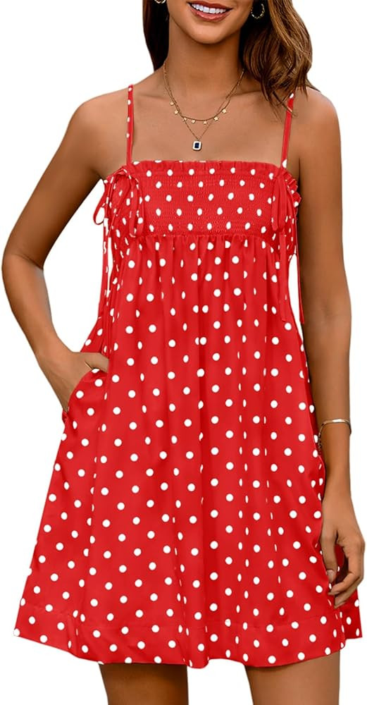 Yousify Women's Spaghetti Strap Babydoll Mini Dress Summer Casual Ruffled Smocked Polka Dot Short... | Amazon (US)
