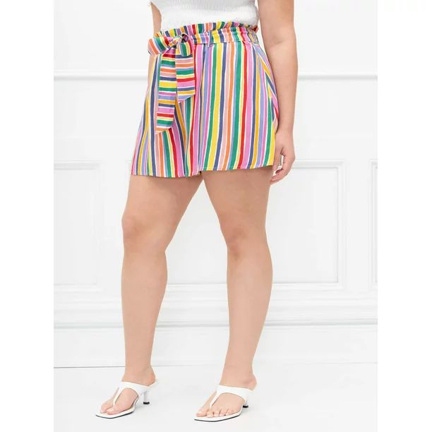 ELOQUII Elements Women's Plus Size Ruffle Waist Striped Swing Shorts | Walmart (US)