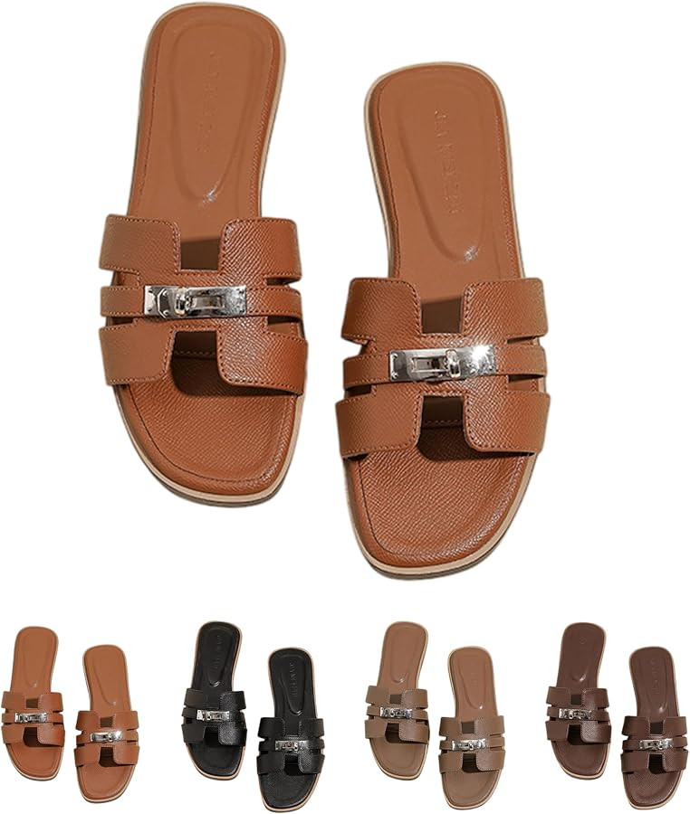 Women's Flat Slide Sandals Fashion H-Strap Slippers with Metal Buckle Open Toe Soft Beach Shoes f... | Amazon (US)