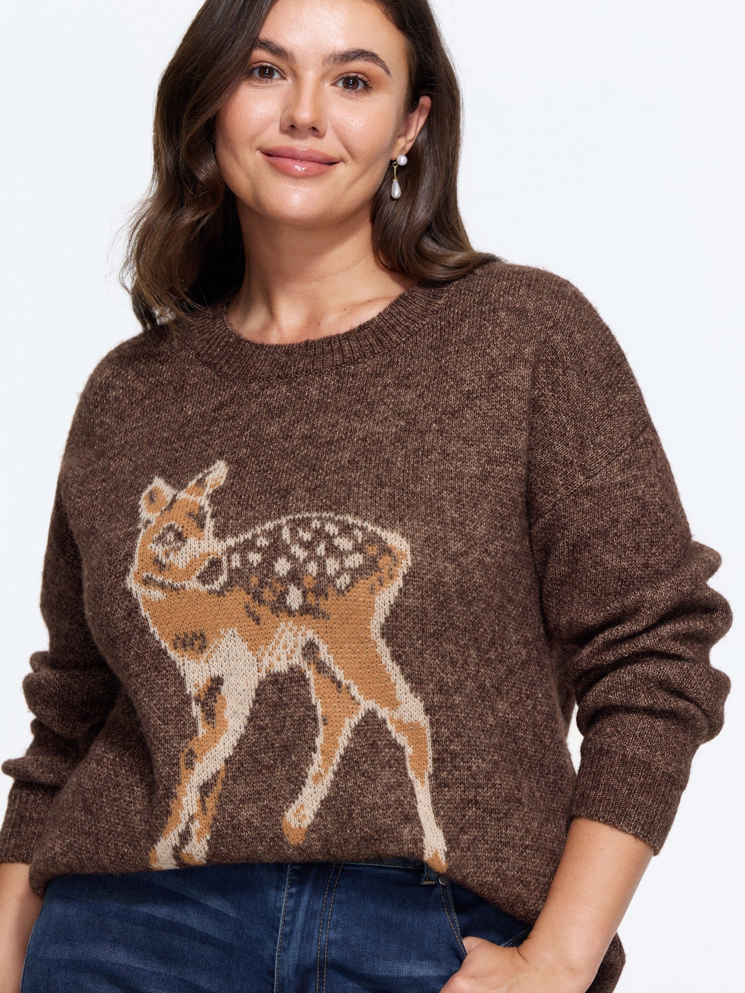 Deer Jacquard Crew Neck Drop‑Shoulder Pullover | Bloomchic