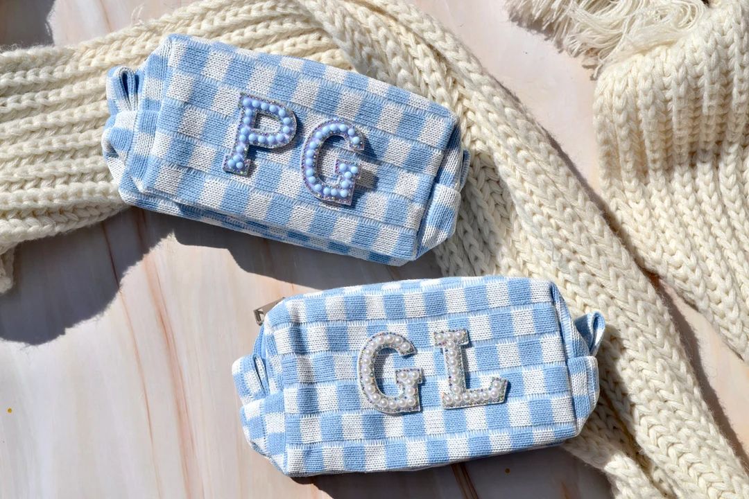 Custom Blue Checkered Initial Makeup Bag, Last Toast on the Coast Bachelorette Party Favors, 30a ... | Etsy (US)