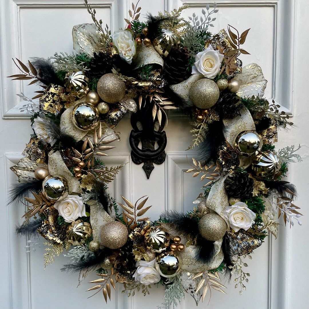 Large Luxury Christmas Wreath, Glamorous Black and Gold Christmas Wreath, Large Black and Gold Ch... | Etsy (US)