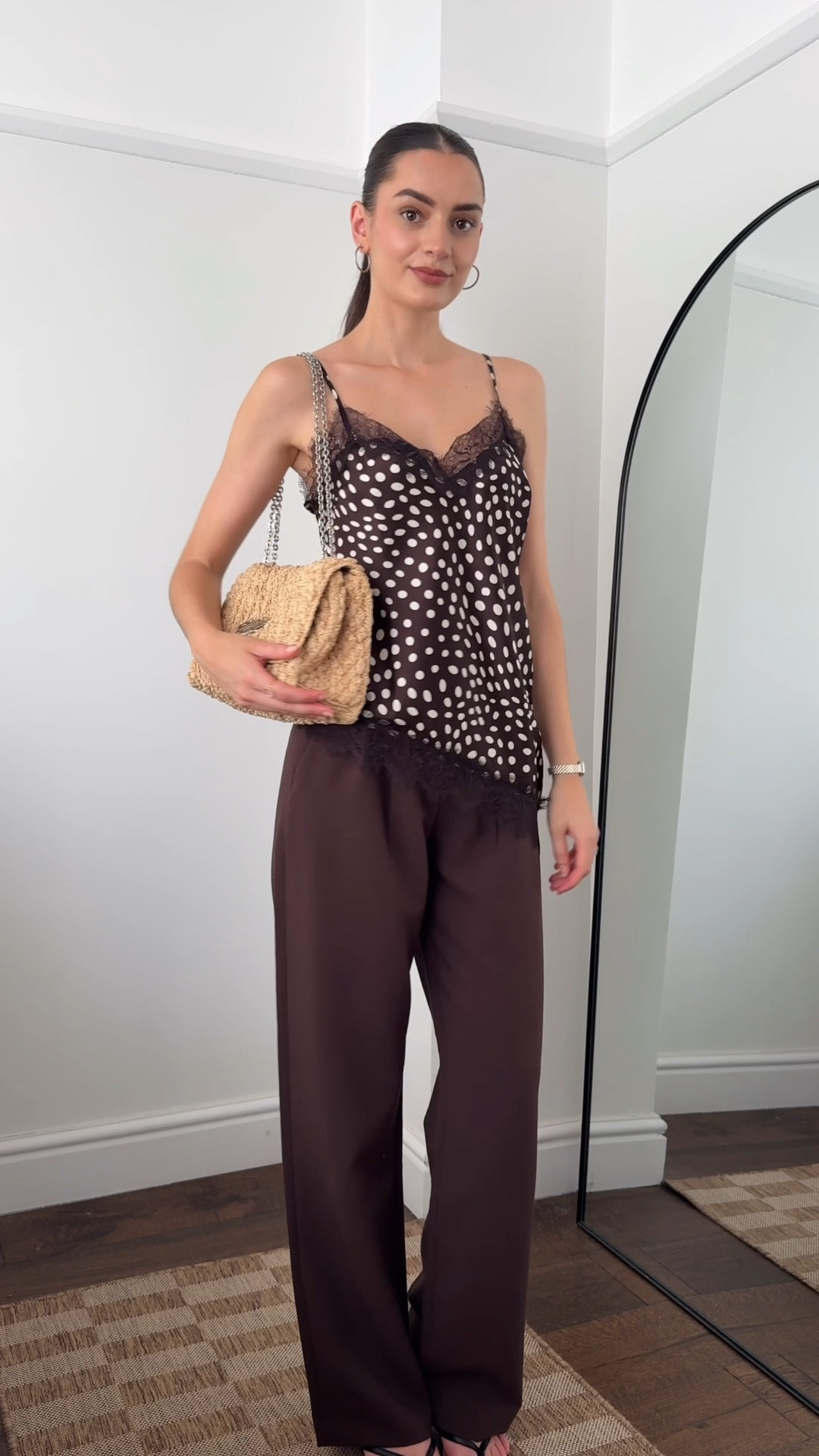 Summer evenings style 🤎 

Asymmetric top, brown wide leg trousers, flip flop kitten heels, wicker shoulder bag

#LTKsummer