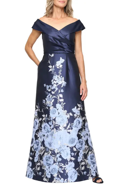 Alex Evenings Print Off the Shoulder Gown in Navy Multi at Nordstrom, Size 4 | Nordstrom